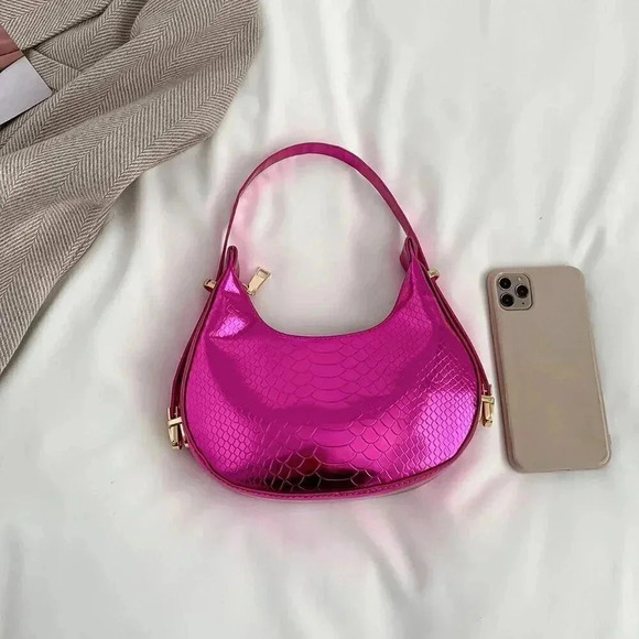 Hot Pink Elegant Women's Metallic Snakeskin Embossed Hobo Bag - Picture 3 of 4